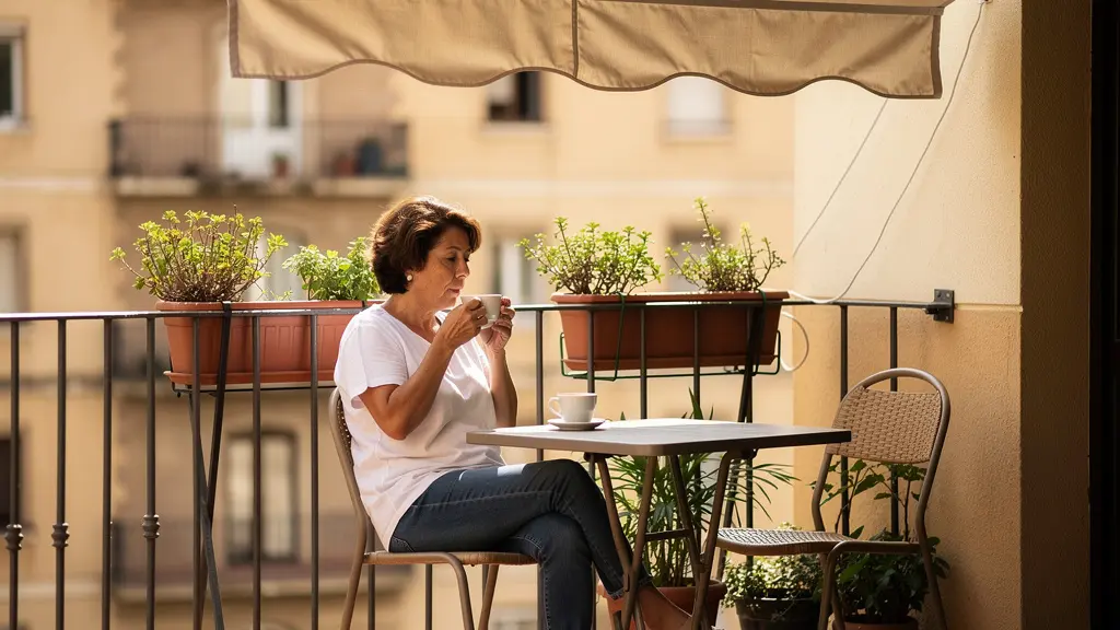 Toldo compacto desplegado en balcón pequeño de piso español con mujer tomando café