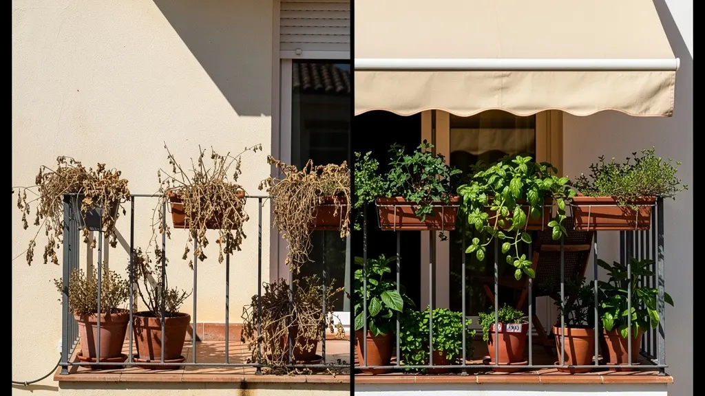 Comparativa de balcón pequeño sin toldo con sol directo y con toldo compacto dando sombra