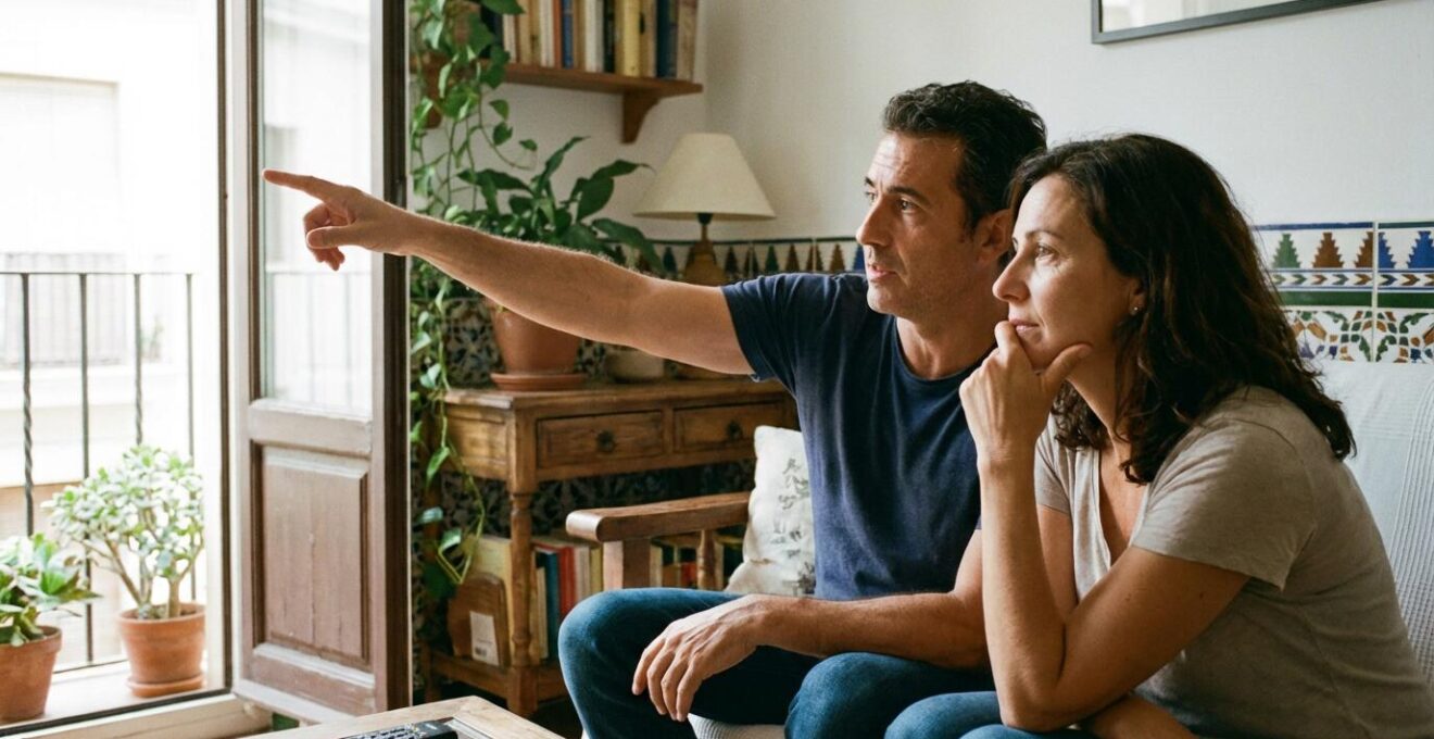 Pareja española conversando en su salón sobre el valor de su vivienda