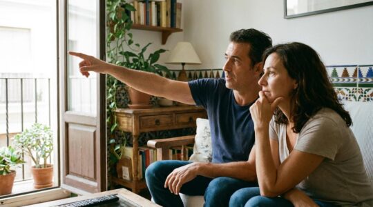 Pareja española conversando en su salón sobre el valor de su vivienda