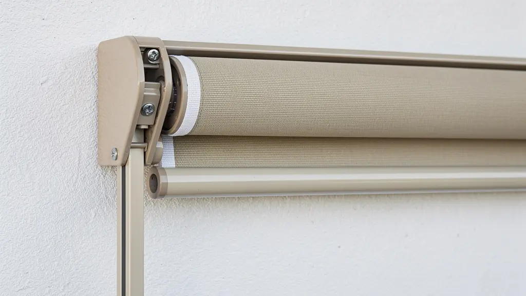 Detalle de estructura de toldo monobloc compacto plegado contra pared de balcón