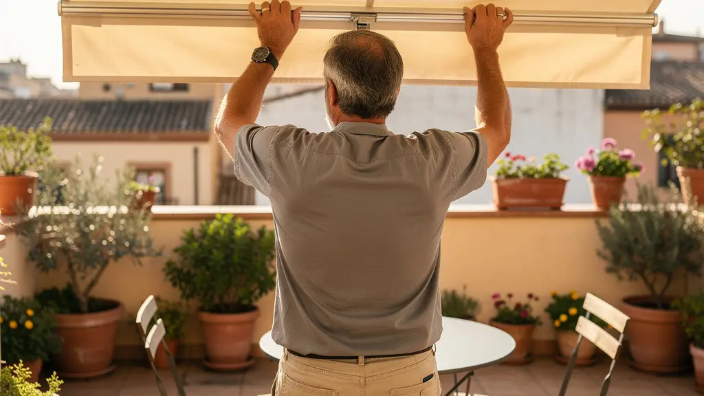 Persona de espaldas accionando manivela de toldo manual en terraza pequeña