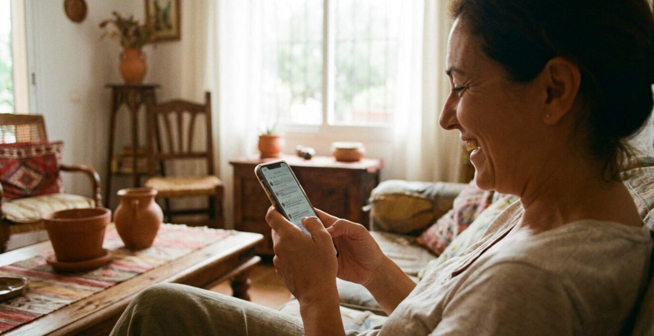 Propietaria consultando una valoración inmobiliaria online en su smartphone