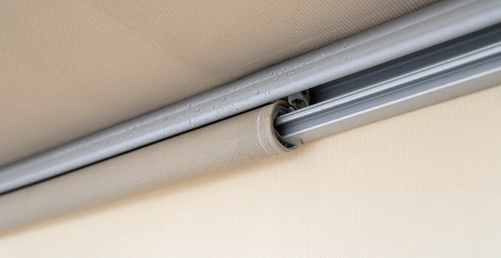Detalle del carril de aluminio donde desliza la lona del toldo con guías