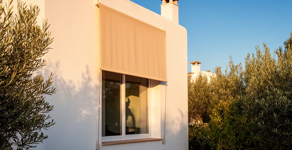 Toldo con guías verticales desplegado protegiendo ventana en fachada mediterránea