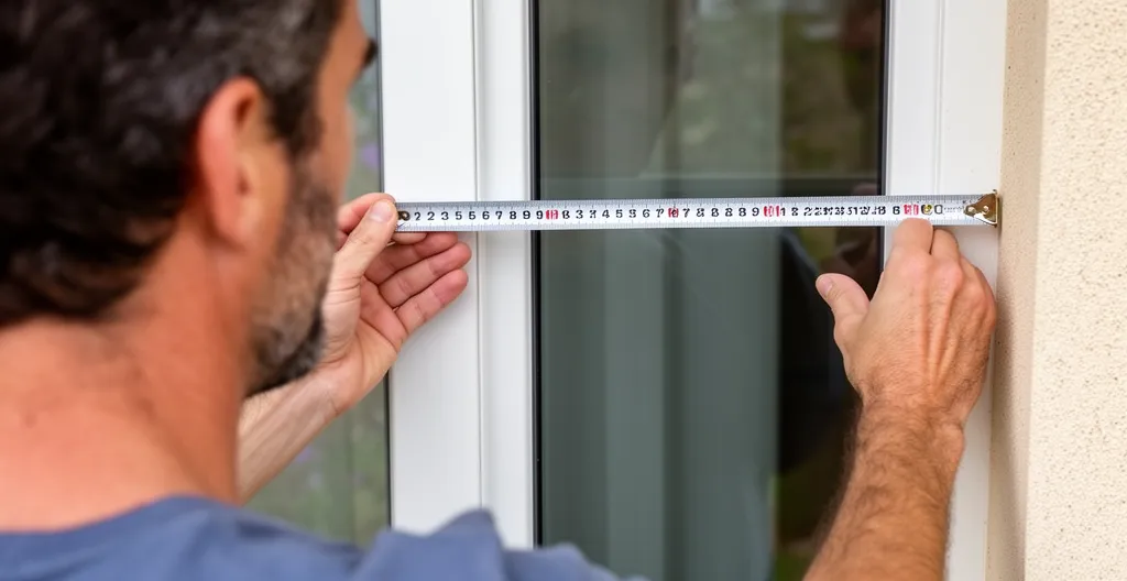 Instalador midiendo el ancho del hueco de ventana antes de colocar toldo con guías