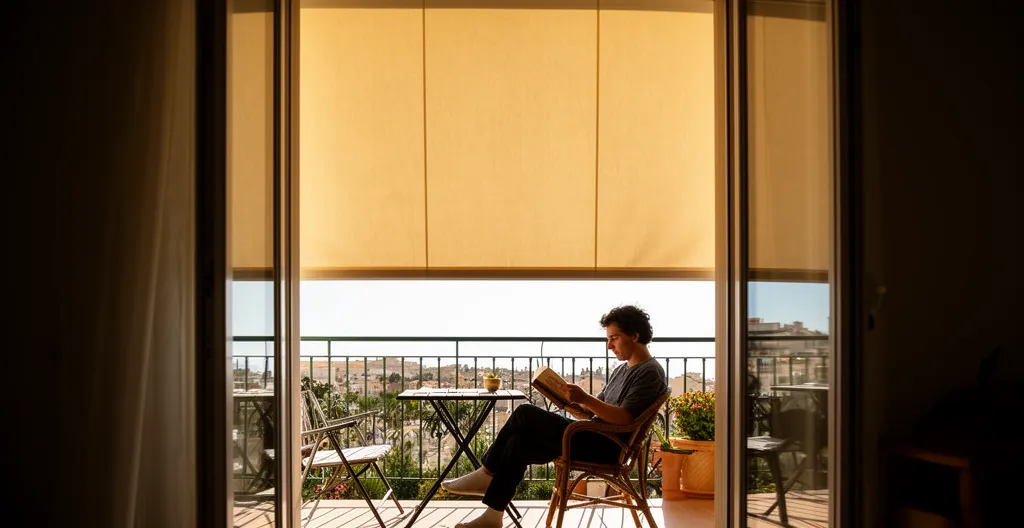Persona disfrutando de la sombra bajo toldo con guías verticales en terraza